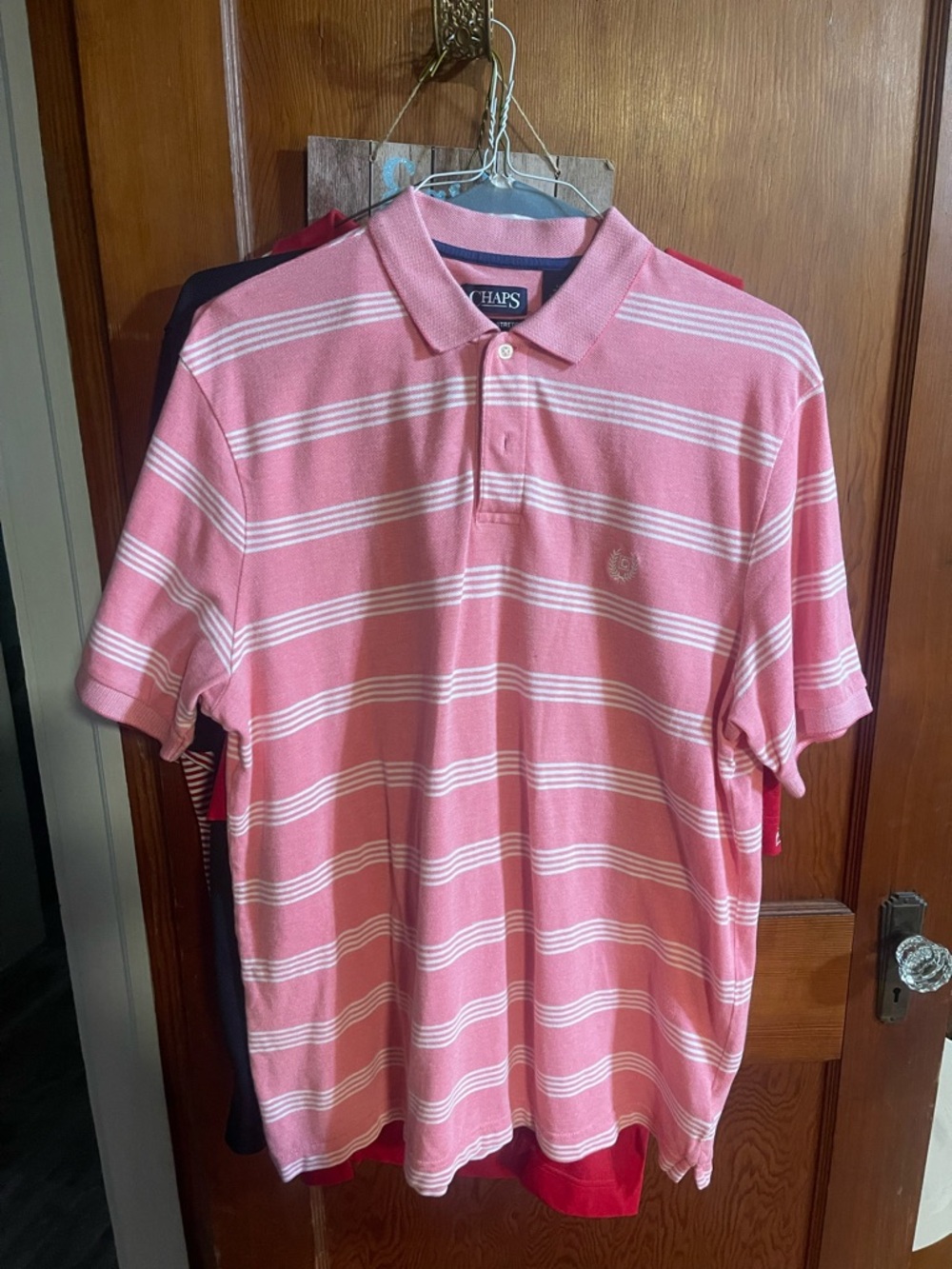 Chaps Men’s Pink and White Striped Polo